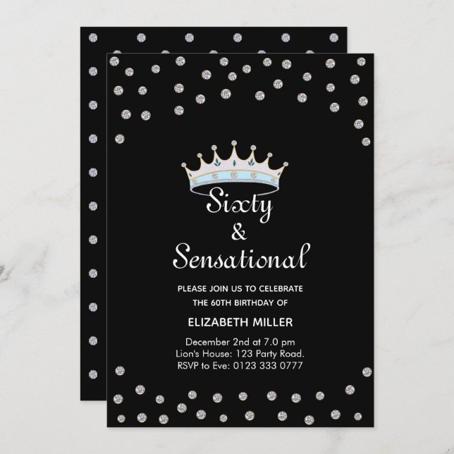 Chic Glitter Diamond Crown on Black 60th Birthday Invitation (Front/Back)