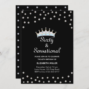 Chic Glitter Diamond Crown on Black 60th Birthday Invitation