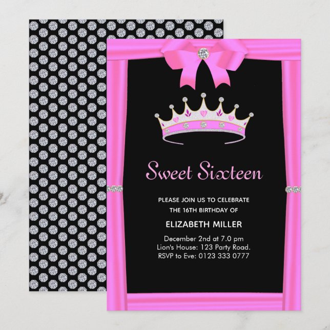 Chic Glitter Diamond Crown Sweet Sixteen Invitation (Front/Back)