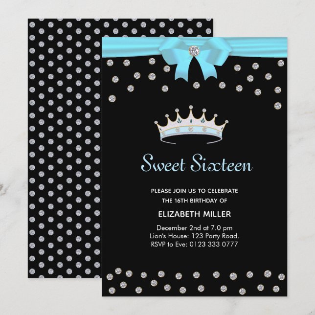 Chic Glitter Diamond Sweet Sixteen on Black Invitation (Front/Back)