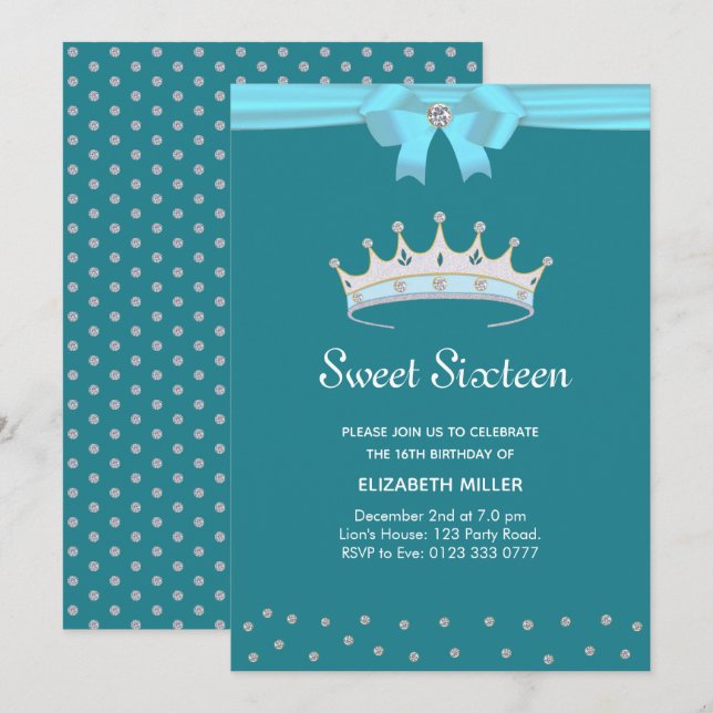 Chic Glitter Diamond Sweet Sixteen on Teal Invitat Invitation (Front/Back)