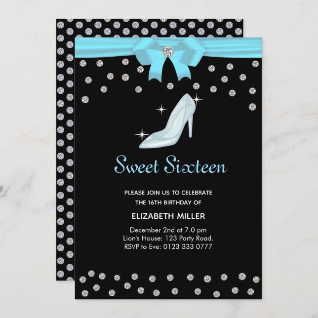 Chic Glitter Diamonds Sweet Sixteen on Black Invitation (Front/Back)