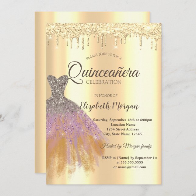 Chic Glitter Dress,Gold Drips Quinceañera  Invitation (Front/Back)