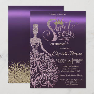 Chic Glitter Dress,Tiara,Diamonds Purple Sweet 16  Invitation