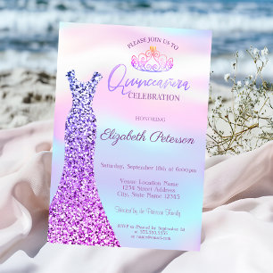 Chic Glitter Dress,Tiara Holographic Quinceañera Invitation