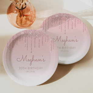 Chic Glitter Drip 30th Birthday Party Pink Paper Plate