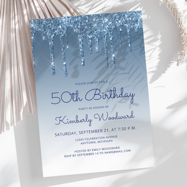 Chic Glitter Drip Blue 50th Birthday Invitation (Creator Uploaded)