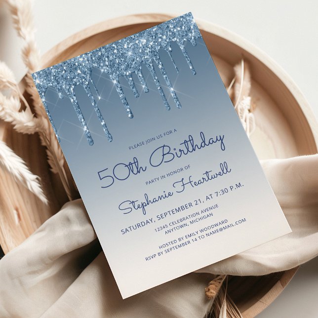 Chic Glitter Drip Blue 50th Birthday Invitation (Creator Uploaded)