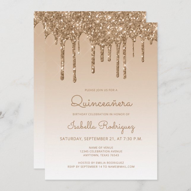 Chic Glitter Drip Gold Quinceañera Invitation (Front/Back)