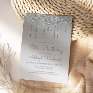 Chic Glitter Drip Silver 18th Birthday Invitation