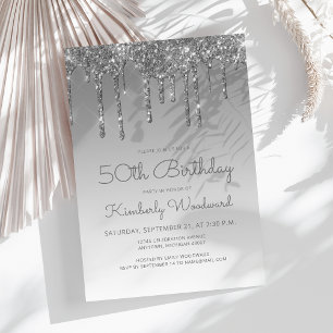 Chic Glitter Drip Silver 50th Birthday Invitation