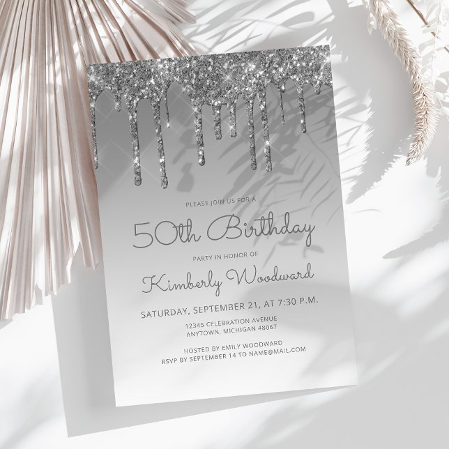 Chic Glitter Drip Silver 50th Birthday Invitation (Creator Uploaded)