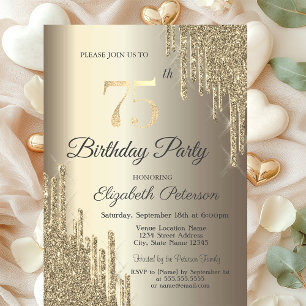 Chic Glitter Drips Champagne 75th Birthday Invitation