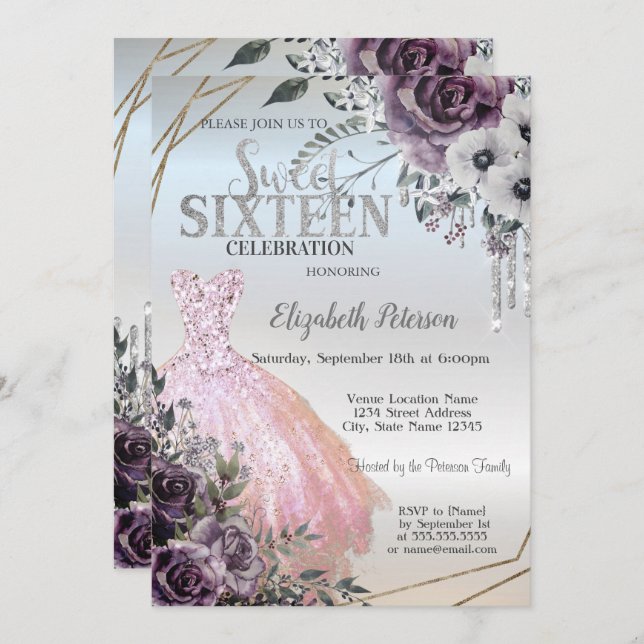 Chic Glitter Drips,Dress Flowers  Sweet 16  Invitation (Front/Back)