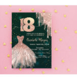 Chic Glitter Drips Dress Green 18th Birthday Invitation<br><div class="desc">Elegant rose gold glitter drips,  and elegant dress on a green background.</div>