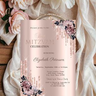 Chic Glitter Drips Flowers Rose Gold Bat Mitzvah   Invitation