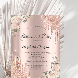 Chic Glitter Drips,Flowers Rose Gold Retirement  Invitation
