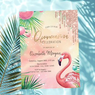 Chic Glitter Drips Pink Flamingos Quinceañera  Invitation