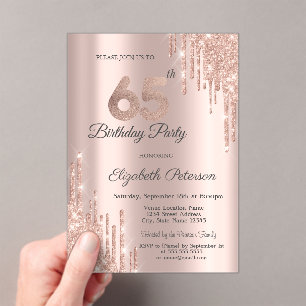 Chic Glitter Drips Rose Gold 65th Birthday Acrylic Invitations
