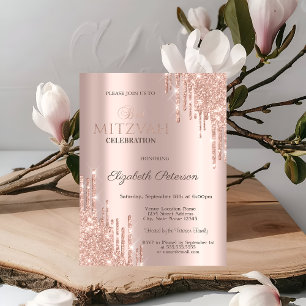 Chic Glitter Drips Rose Gold Bat Mitzvah  Invitation