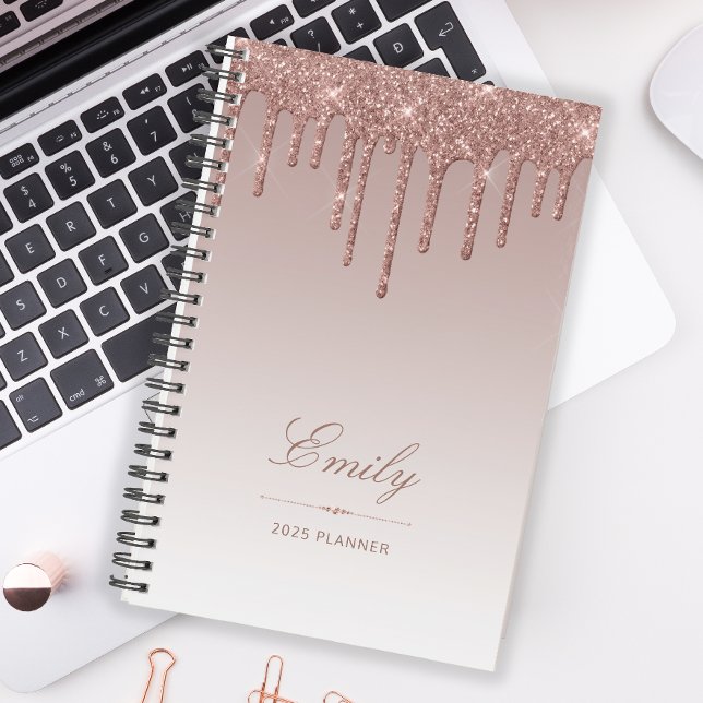 Chic Glitter Drips Rose Gold Personalised 2025 Planner (Creator Uploaded)