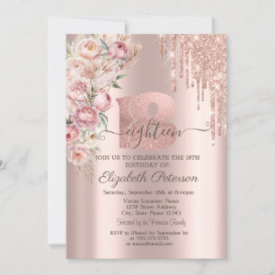 Chic Glitter Drips,Roses Rose Gold 18th Birthday Invitation