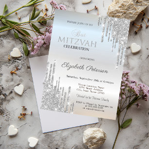 Chic Glitter Drips Silver Bat Mitzvah  Invitation