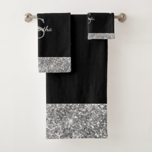 Chic Glitter Drips Sparkle Silver Black Monogram Bath Towel Set