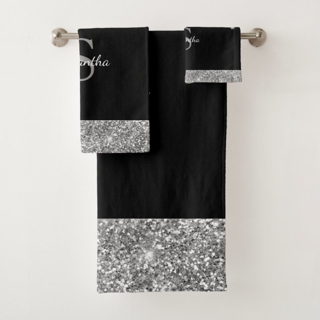 Chic Glitter Drips Sparkle Silver Black Monogram Bath Towel Set (Insitu)