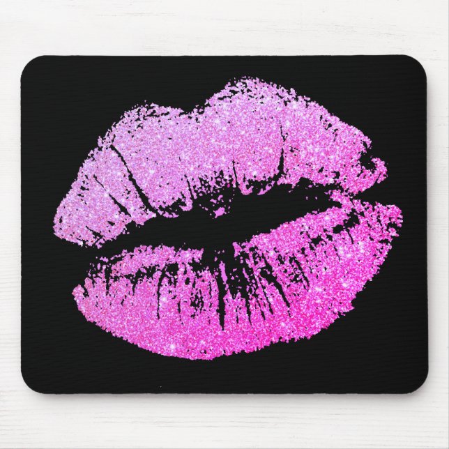 Chic Glitter Effect Neon Lips Black Mousepad (Front)