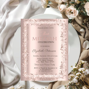 Chic Glitter Frame Rose Gold Bat Mitzvah  Invitation