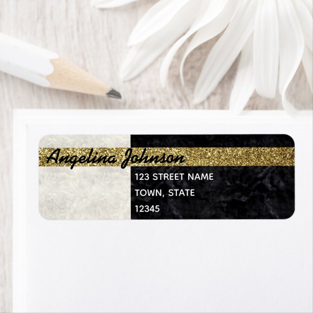 Chic Glitter Gold Black and White Return Address Label (Insitu)