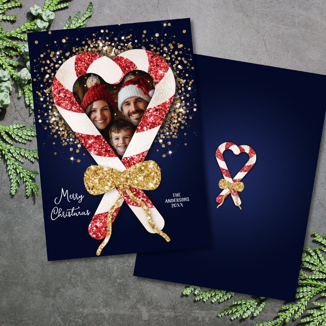 Chic Glitter Gold Candy Cane Frame Photo Christmas Invitation (glitter candy cane photo frame on navy background)