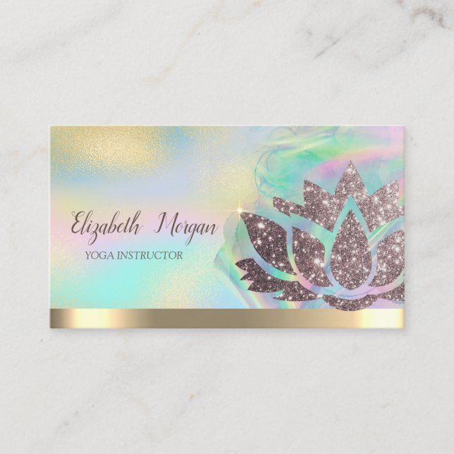 Chic Glitter Lotus Holographic Ink  Yoga  Business Card (Front)