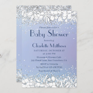 Chic Glitter Modern Floral Blue Boy Baby Shower Invitation