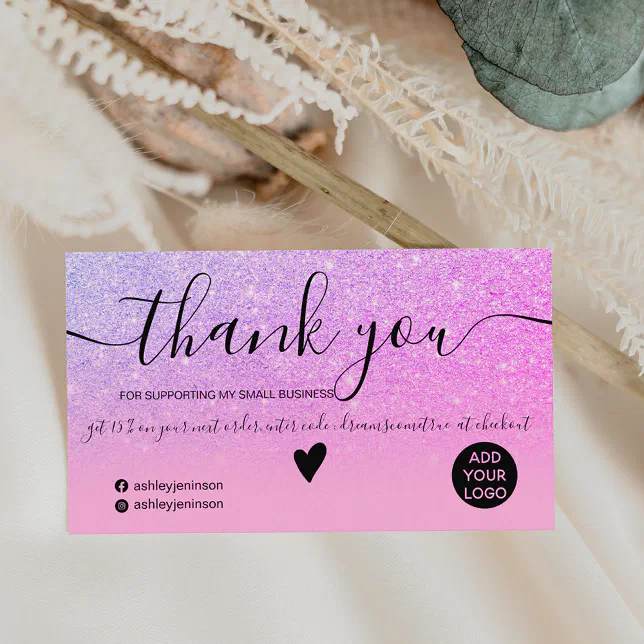 Chic glitter pink ombre purple order thank you business card | Zazzle