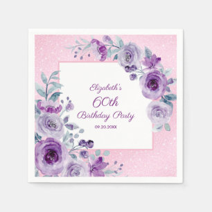Chic Glitter Pink Purple Roses Floral Birthday  Napkin