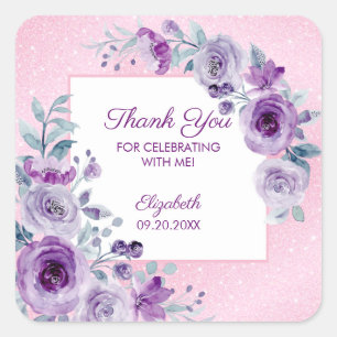 Chic Glitter Pink Purple Roses Floral Birthday  Square Sticker