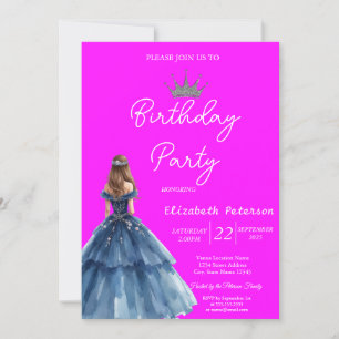 Chic Glitter Tiara Blue Dress Neon Pink Birthday Invitation