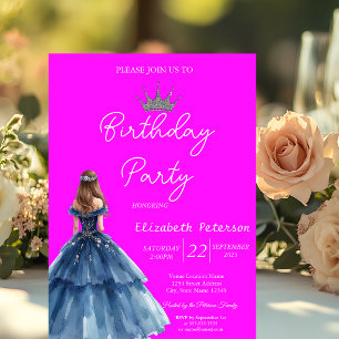 Chic Glitter Tiara Blue Dress Neon Pink Birthday Invitation