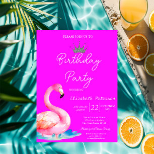 Chic Glitter Tiara Flamingos Neon Pink Birthday Invitation