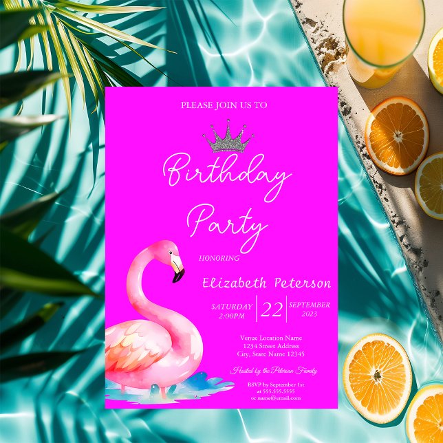 Chic Glitter Tiara Flamingos Neon Pink Birthday Invitation (Creator Uploaded)