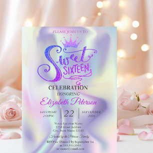 Chic Glitter Tiara Holographic Sweet 16 Party Invitation