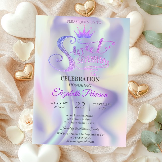 Chic Glitter Tiara Holographic Sweet 17 Birthday Invitation (Creator Uploaded)