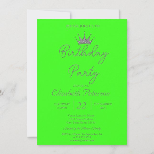 Chic Glitter Tiara Neon Green Birthday Invitation (Front)