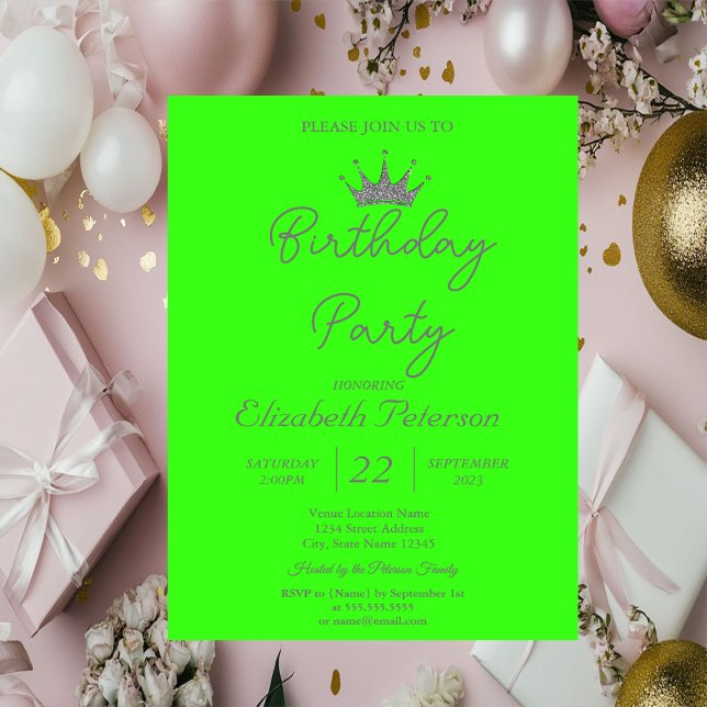 Chic Glitter Tiara Neon Green Birthday Invitation (Creator Uploaded)