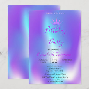 Chic Glitter Tiara Ombre Holographic Birthday Invitation