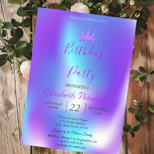 Chic Glitter Tiara Ombre Holographic Birthday Invitation