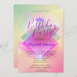 Chic Glitter Tiara Palm Leaves Birthday Party Invitation