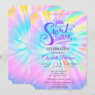 Chic Glitter Tiara Tie Dey Sweet 16 Party  Invitation